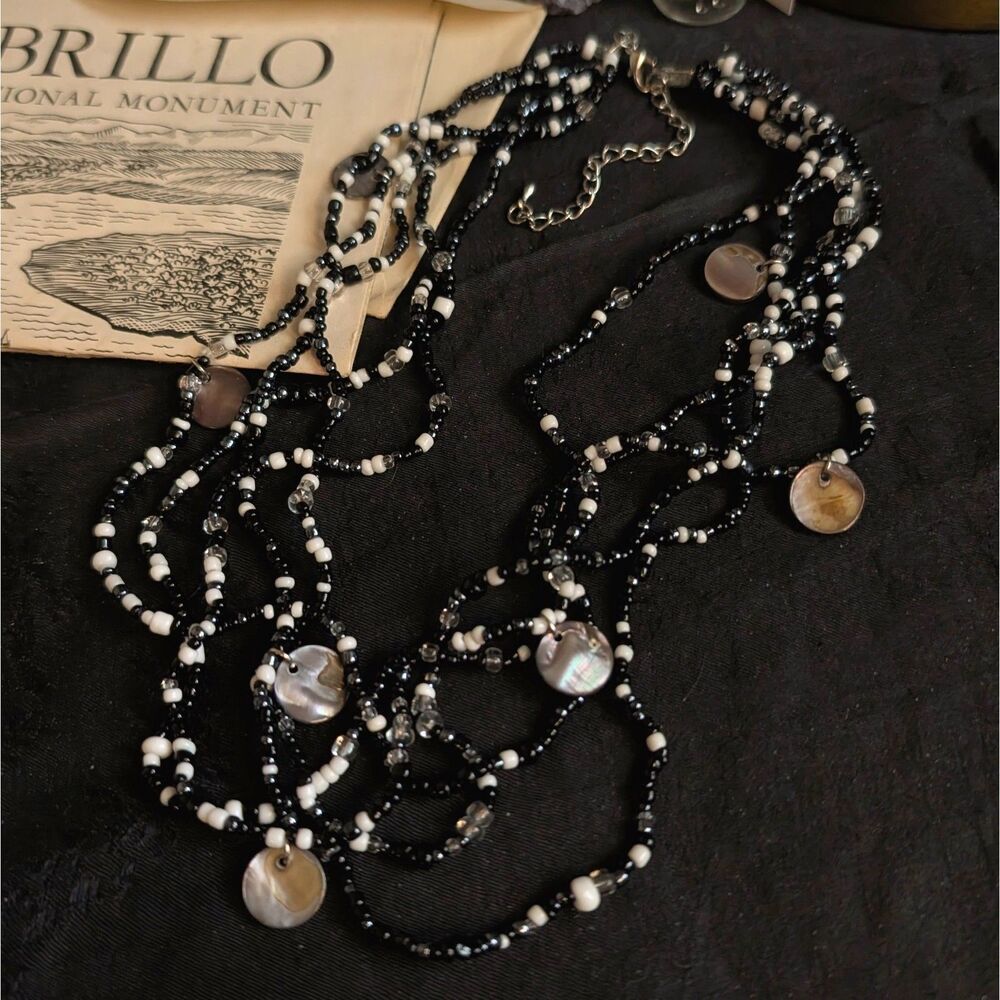 Multi Strand Seed Beaded Short Necklace Black White Glass Pearl Shell